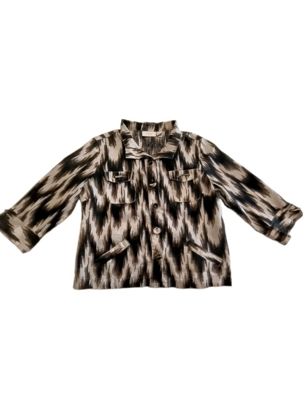 Chicos 100 % Linen Ikat Print Shirt Jacket Brown Black Cream Women's Size 1 M